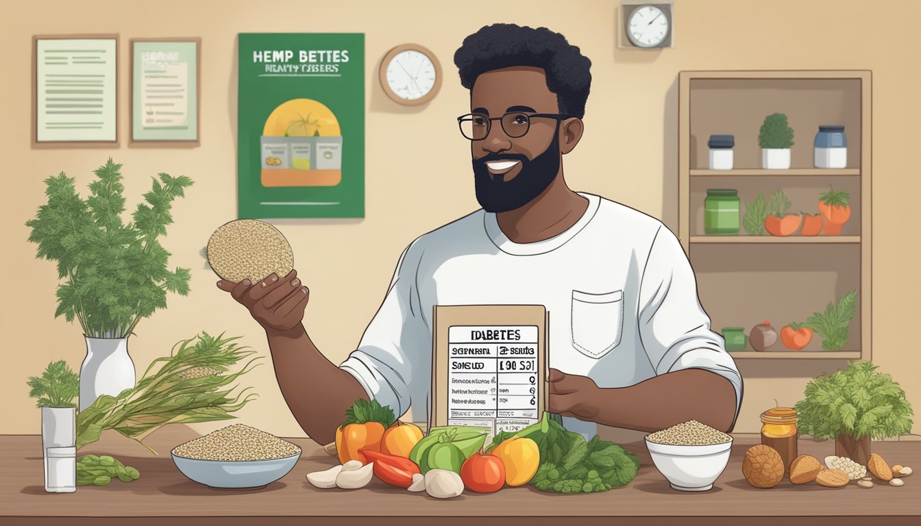 A person with diabetes holding a bowl of hemp seeds and various healthy foods, with a nutrition label and diabetes education materials in the background