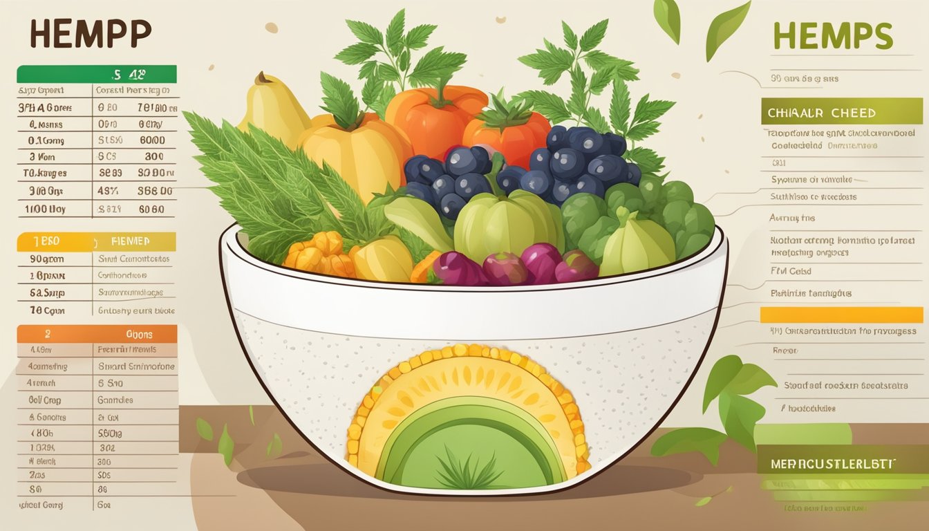 A bowl of hemp seeds surrounded by various fruits and vegetables, with a nutritional chart displayed next to it