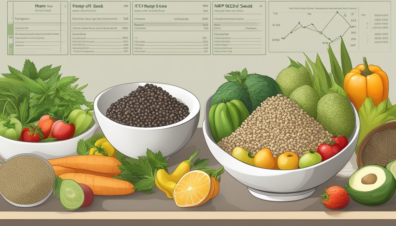 A bowl of hemp seeds surrounded by various fruits and vegetables, with a nutritional chart in the background