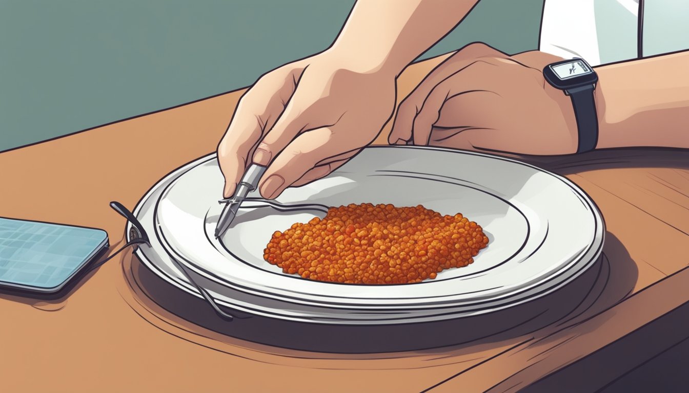 A diabetic person cautiously adding harissa to a plate of food while checking a blood sugar monitor