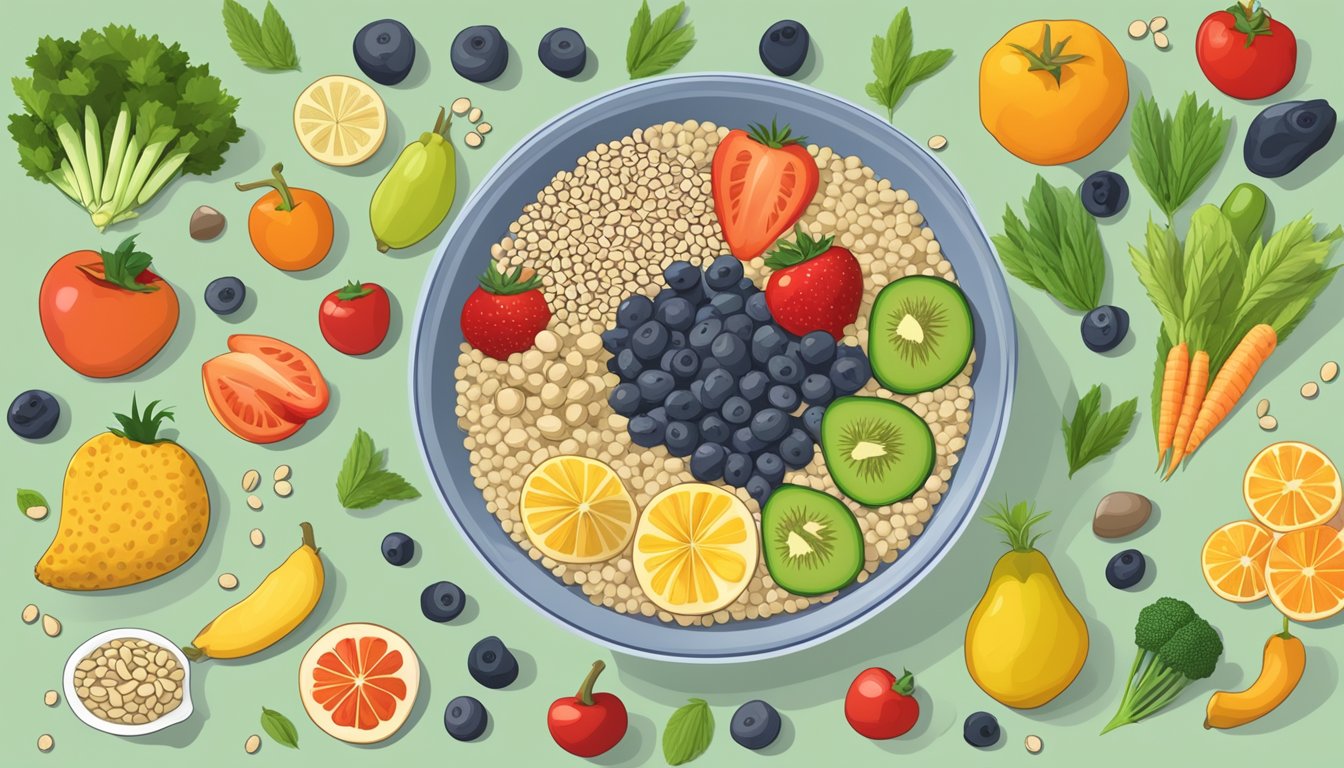 A bowl of hemp seeds surrounded by various fruits and vegetables, with a nutrition label and a diabetic-friendly symbol displayed prominently