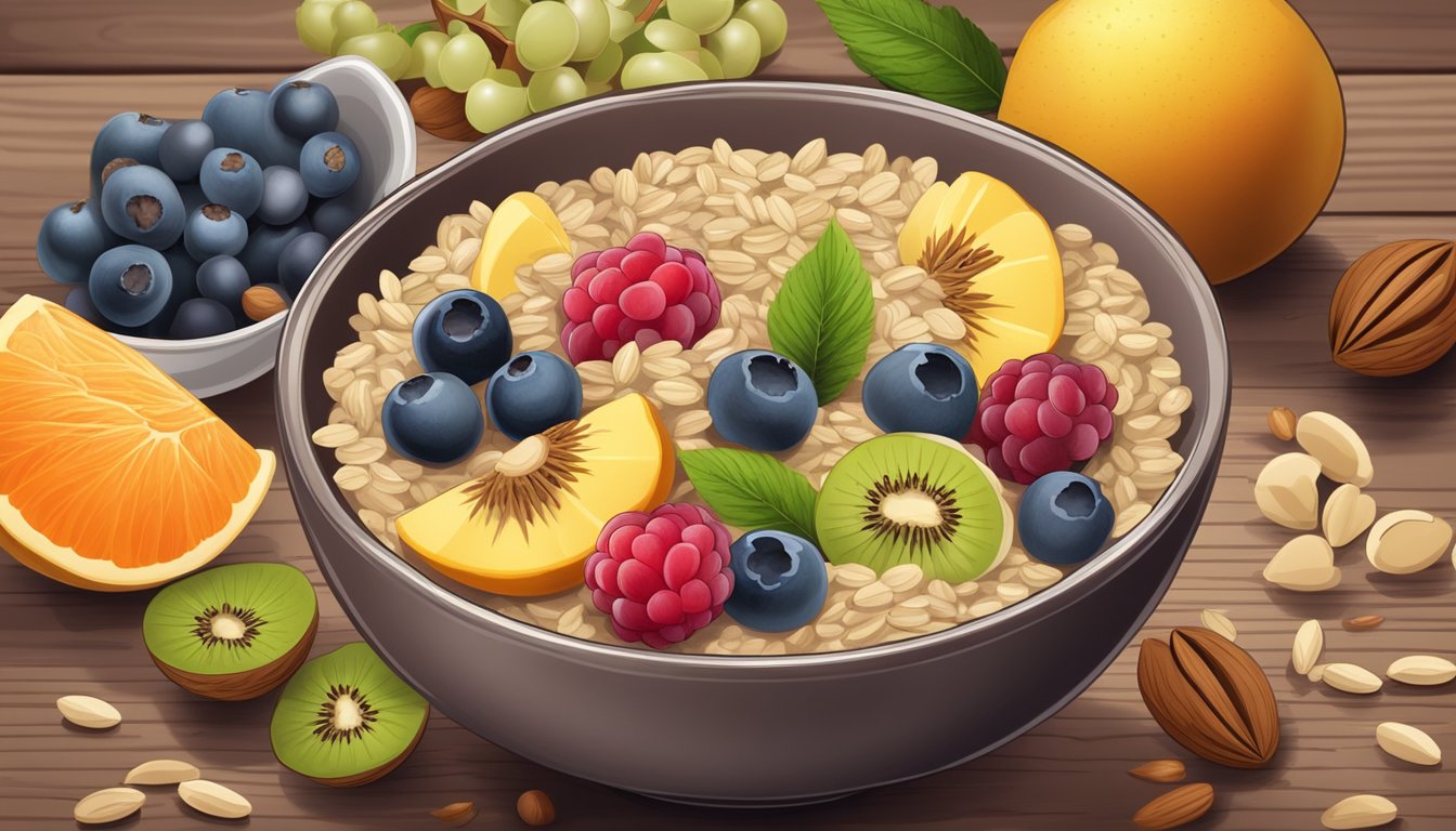 A bowl of oatmeal topped with hemp seeds, surrounded by a variety of fresh fruits and nuts on a wooden table