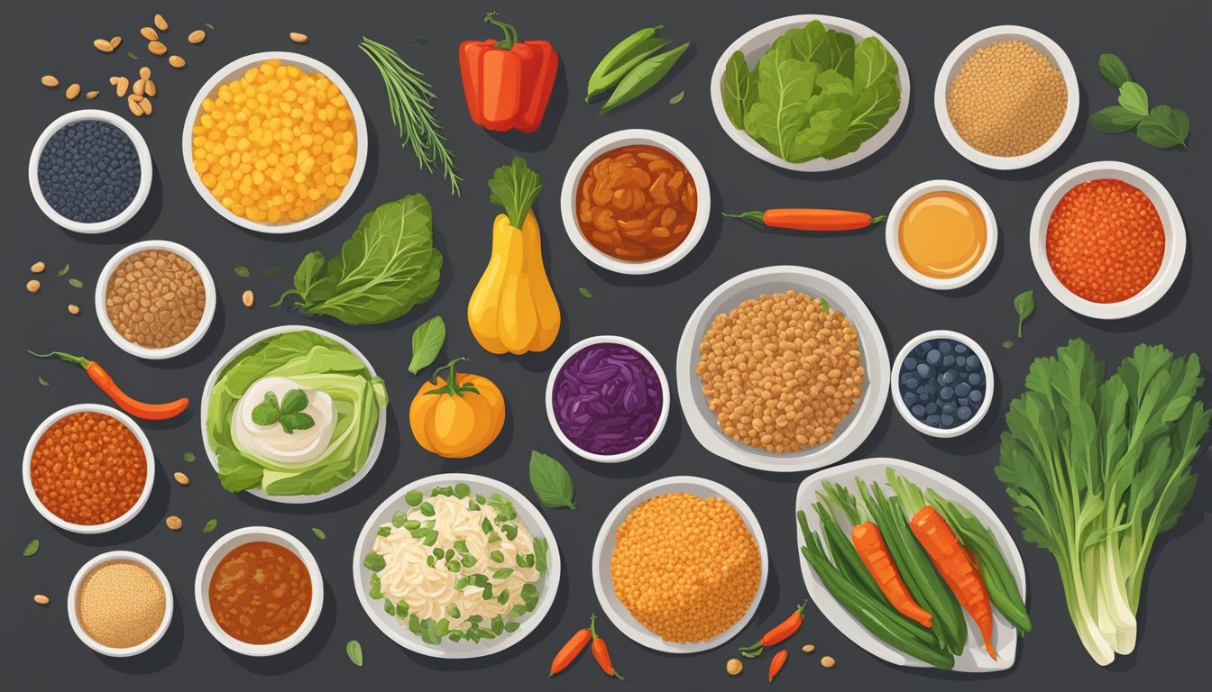 A colorful array of diabetes-friendly foods, including lean proteins, vegetables, and whole grains, alongside a small portion of harissa for flavor