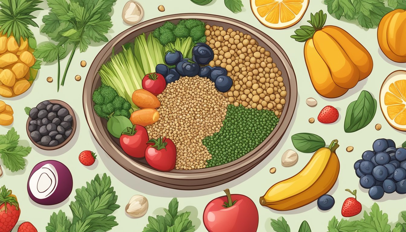 A bowl of hemp seeds surrounded by various fruits and vegetables, with a glowing halo effect around it to symbolize its health benefits for diabetics