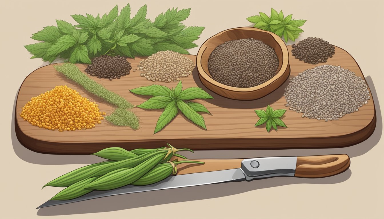 A variety of seeds (hemp, chia, flax) arranged on a wooden cutting board with a knife. A diabetic-friendly food guide in the background