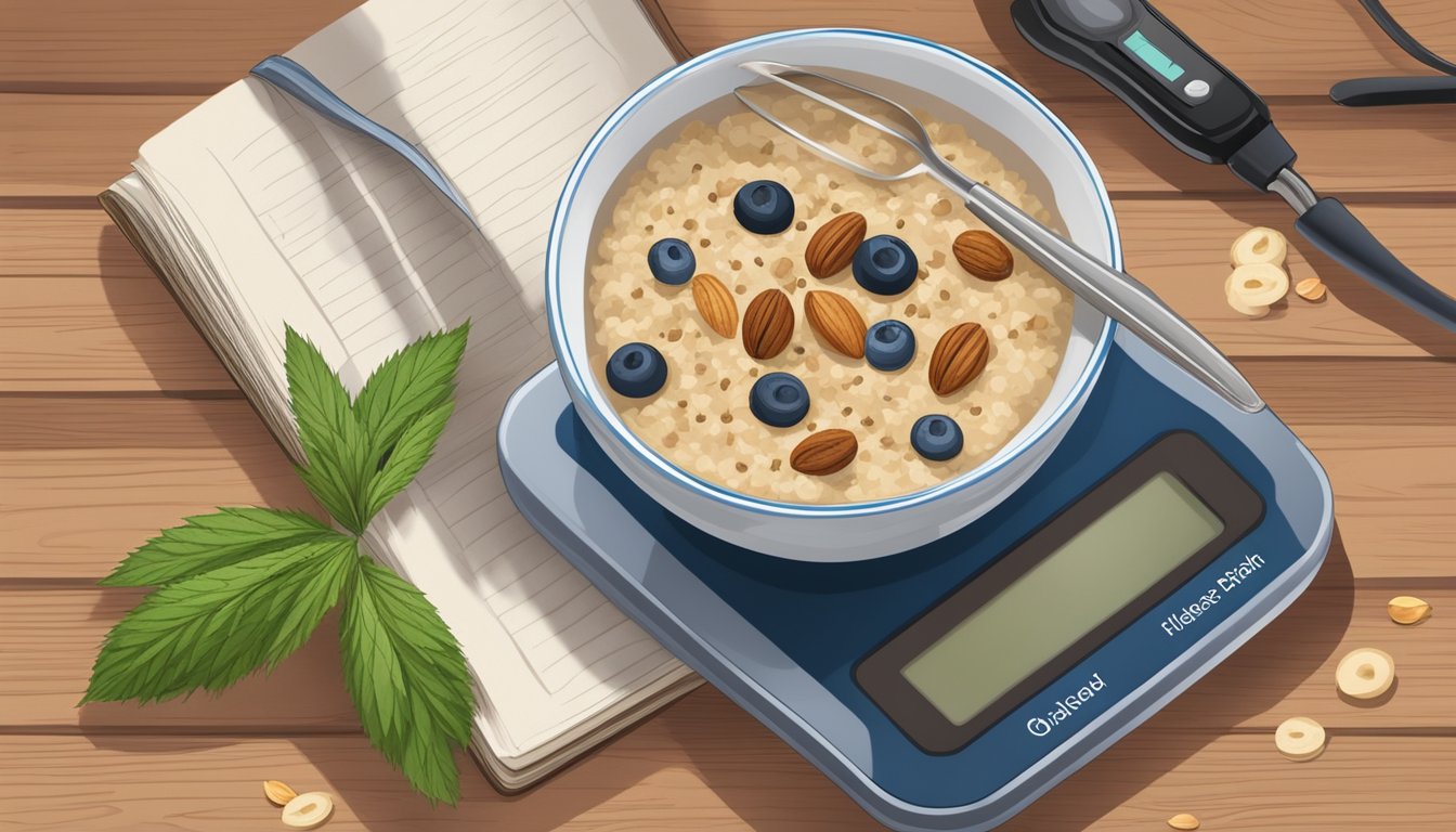 A bowl of oatmeal topped with hemp seeds, berries, and nuts sits on a wooden table next to a diabetes-friendly cookbook and a blood glucose monitor