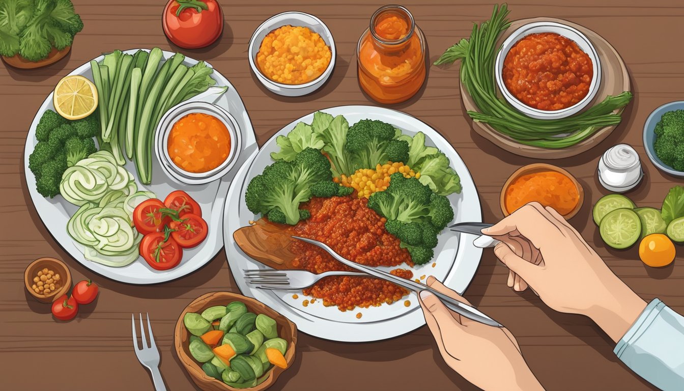 A diabetic person enjoying a meal with a plate of harissa and a variety of fresh vegetables on the side