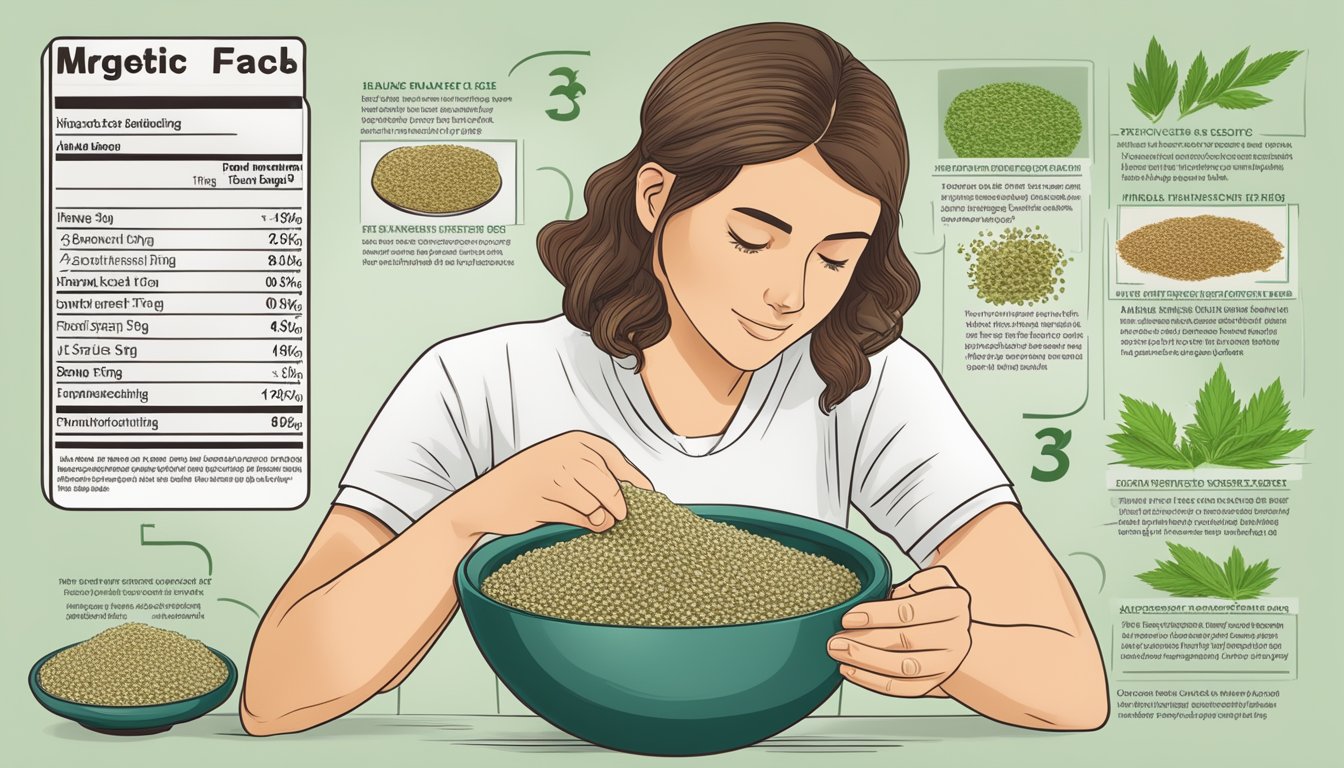 A diabetic person carefully considering a bowl of hemp seeds, surrounded by nutritional information and health benefits