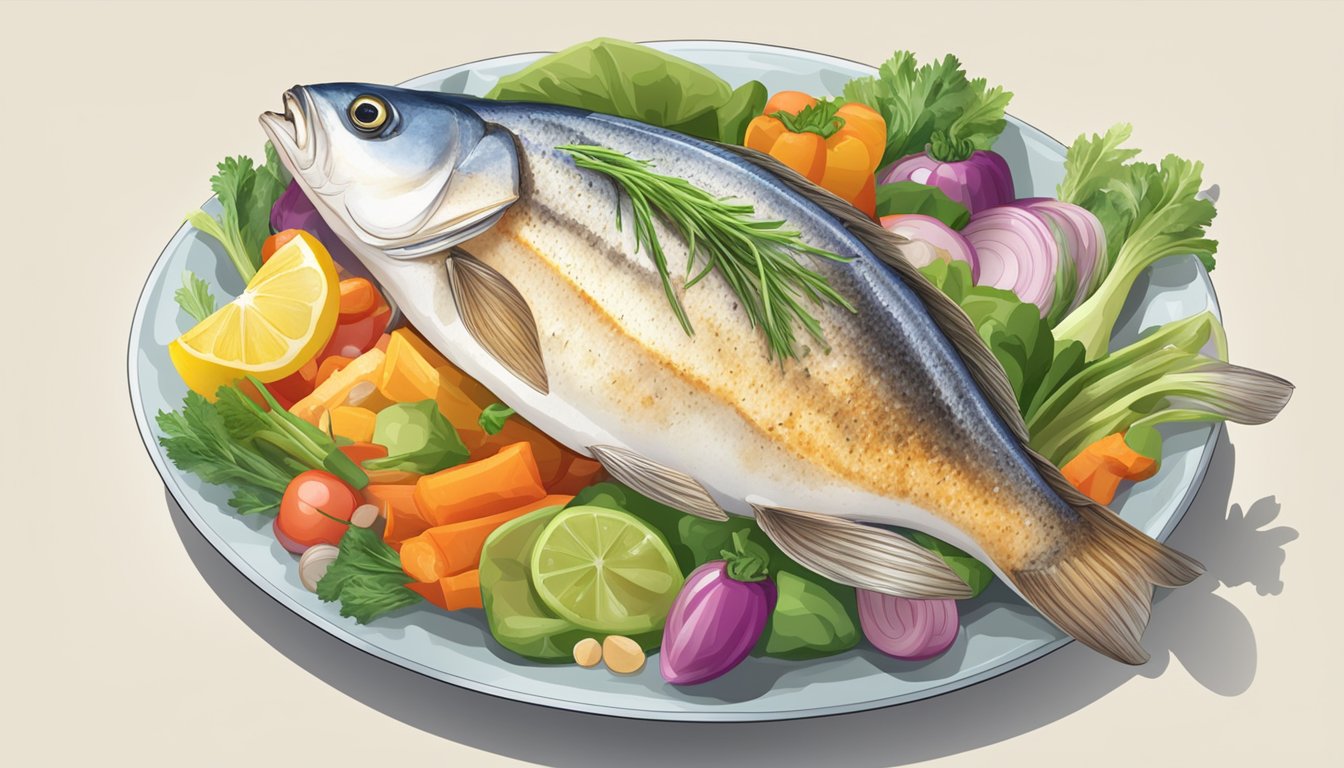 A plate of cooked hoki fish surrounded by colorful vegetables, with a nutritional information label next to it