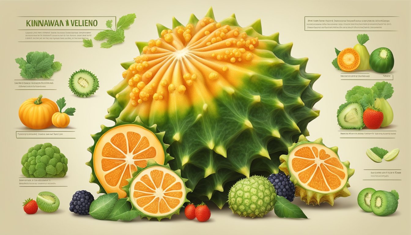 A horned melon (kiwano) surrounded by a variety of fruits and vegetables, with a nutritional label in the background