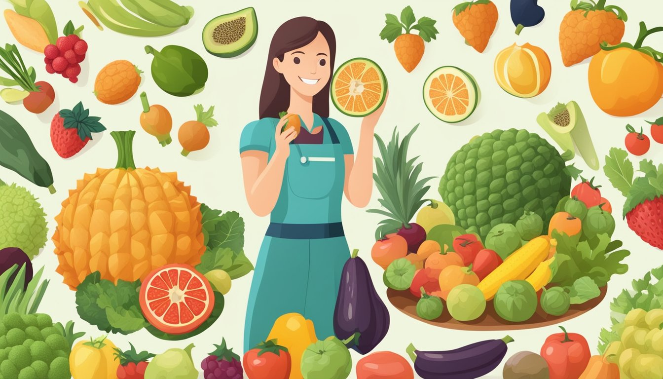 A dietician holding a horned melon, surrounded by various fruits and vegetables, with a diabetes-friendly label