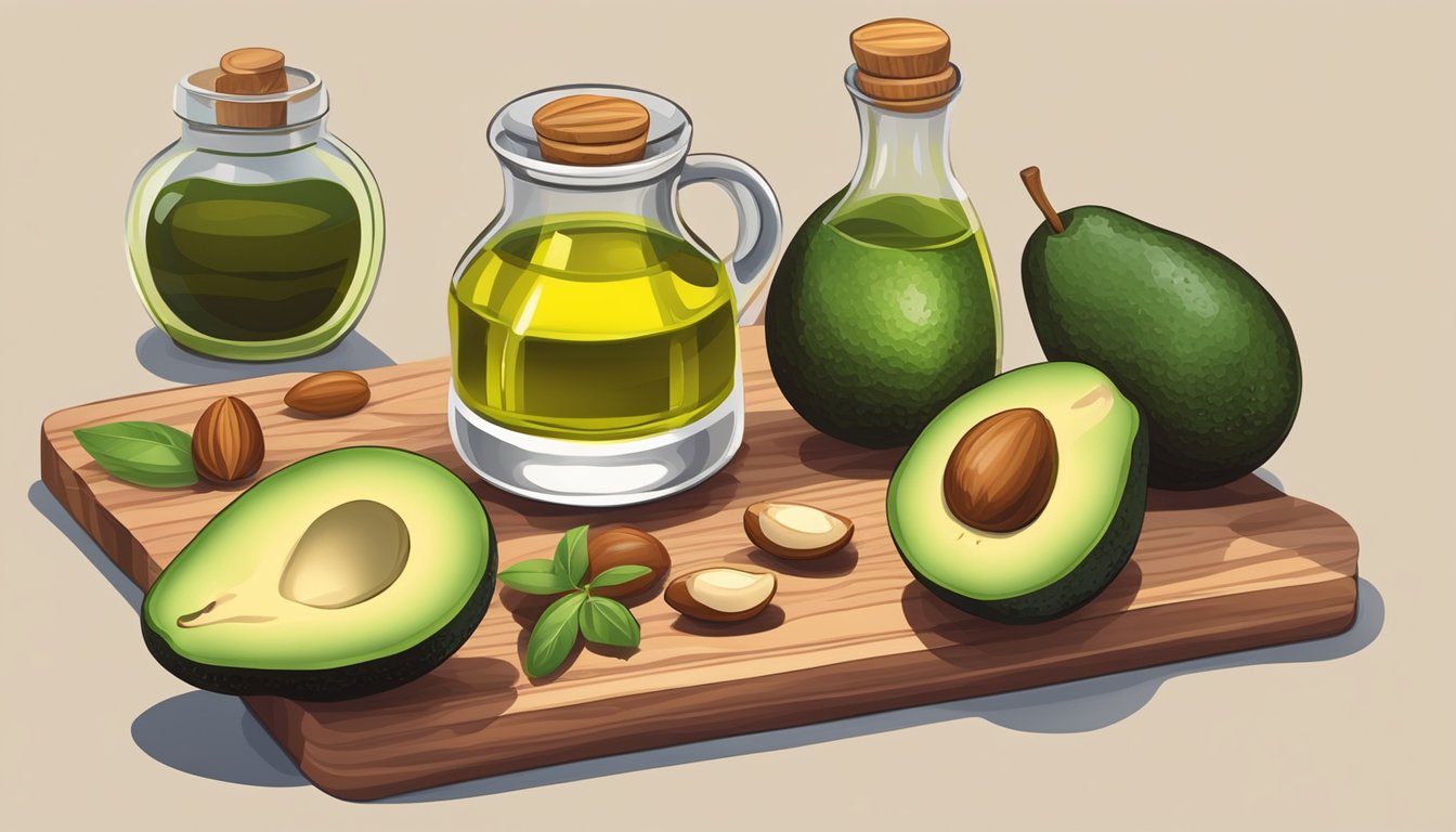 A colorful array of healthy fats: avocados, nuts, and olive oil, arranged on a wooden cutting board