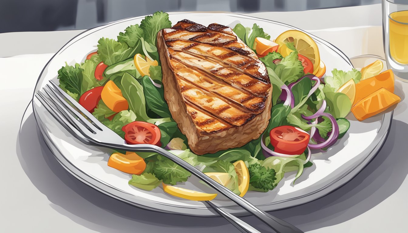 A diabetic person happily eating a grilled hoki fillet with a side of steamed vegetables and a colorful salad on a white plate