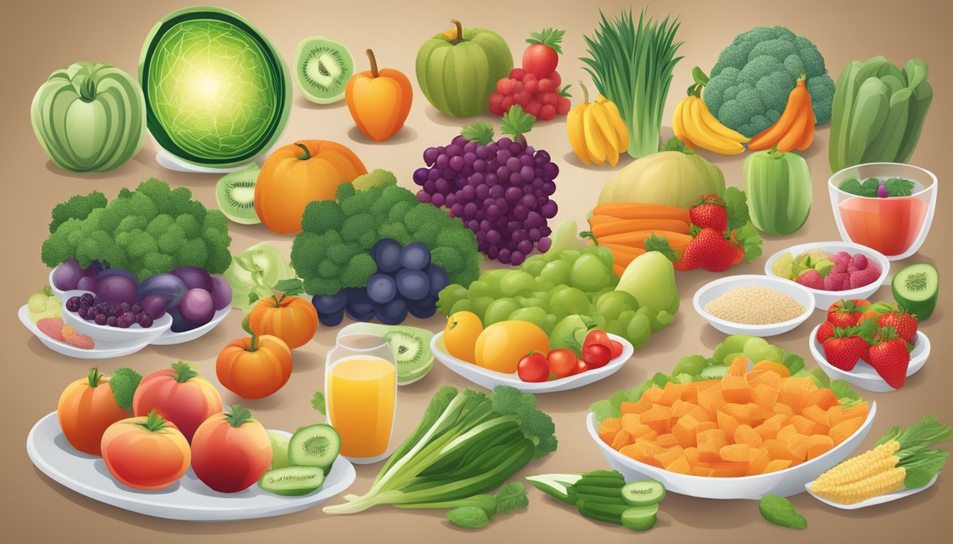 A colorful array of fiber-rich fruits and vegetables, with a diabetic-friendly meal, surrounded by informational posters on the benefits of fiber