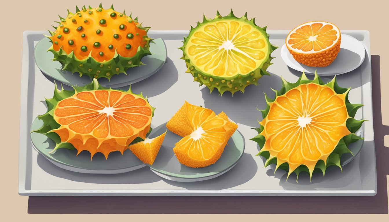 A colorful array of fresh kiwano fruit, sliced and arranged on a plate with other diabetes-friendly foods