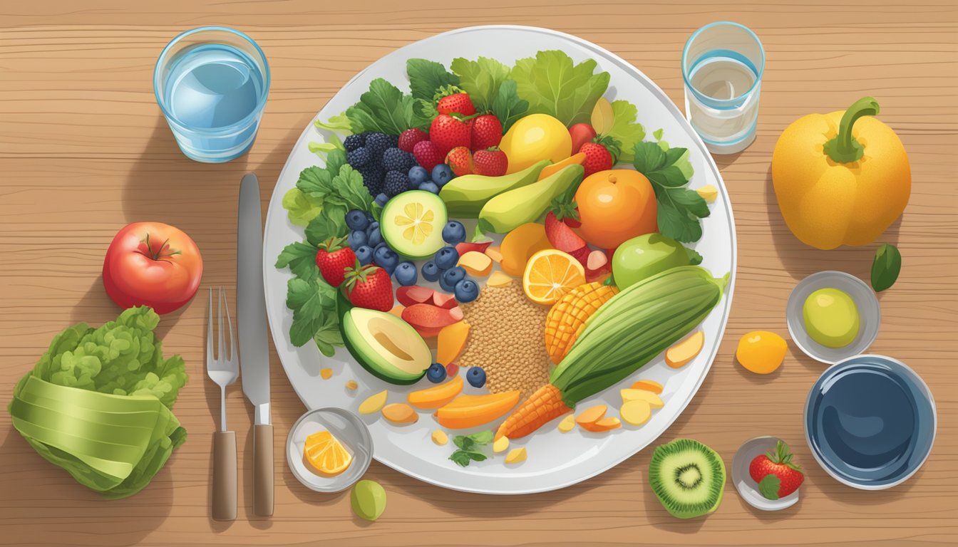 A colorful array of fruits, vegetables, whole grains, and lean proteins arranged on a plate, with a glass of water alongside