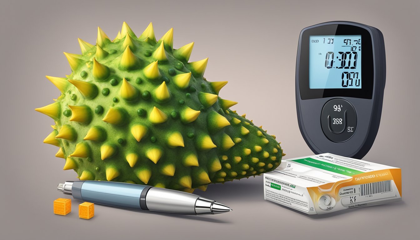 A horned melon (kiwano) next to a blood glucose monitor and insulin pen, with a caution sign in the background