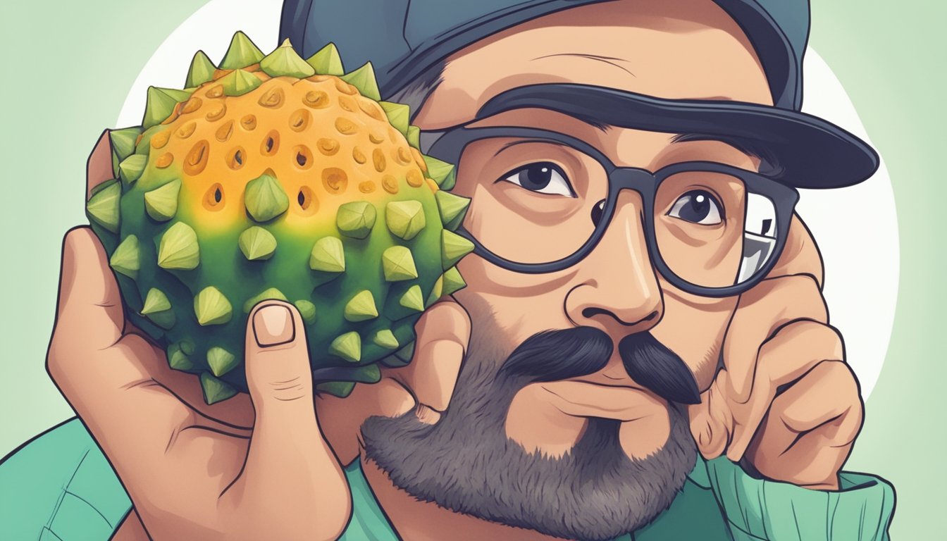 A diabetic person holding a horned melon with a question mark above their head