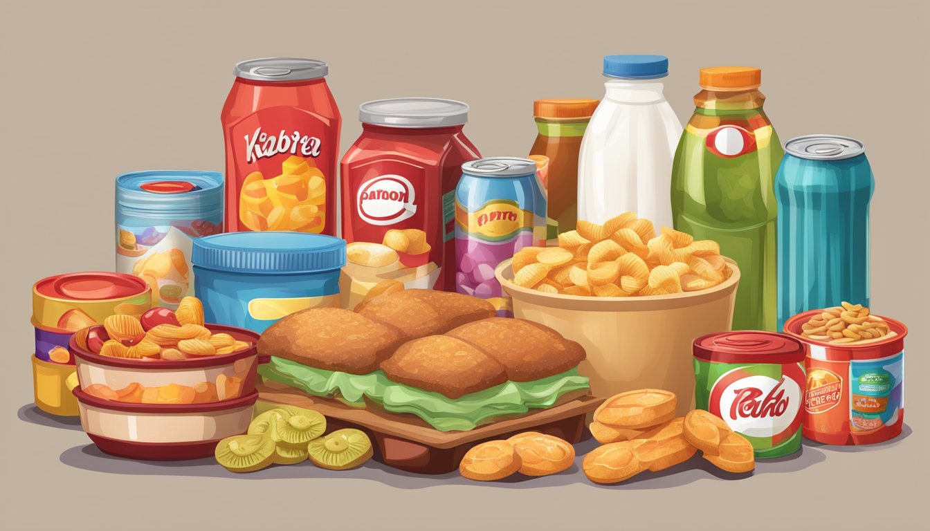 A table filled with processed foods, including sugary snacks and canned goods, with a red circle and line through them