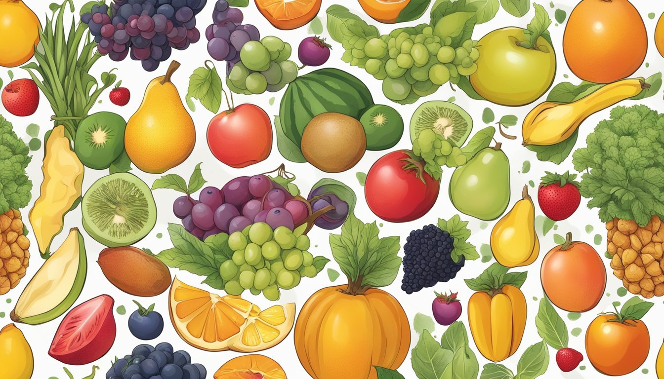 A colorful illustration of a ripe imbe fruit surrounded by various fruits and vegetables, with a nutritional chart displayed nearby