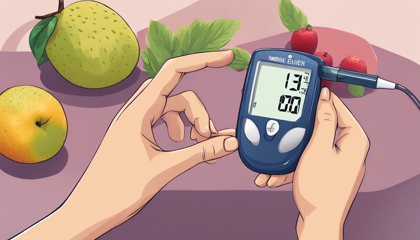 A diabetic person eating an imbe fruit, with a blood sugar monitor nearby showing stable levels