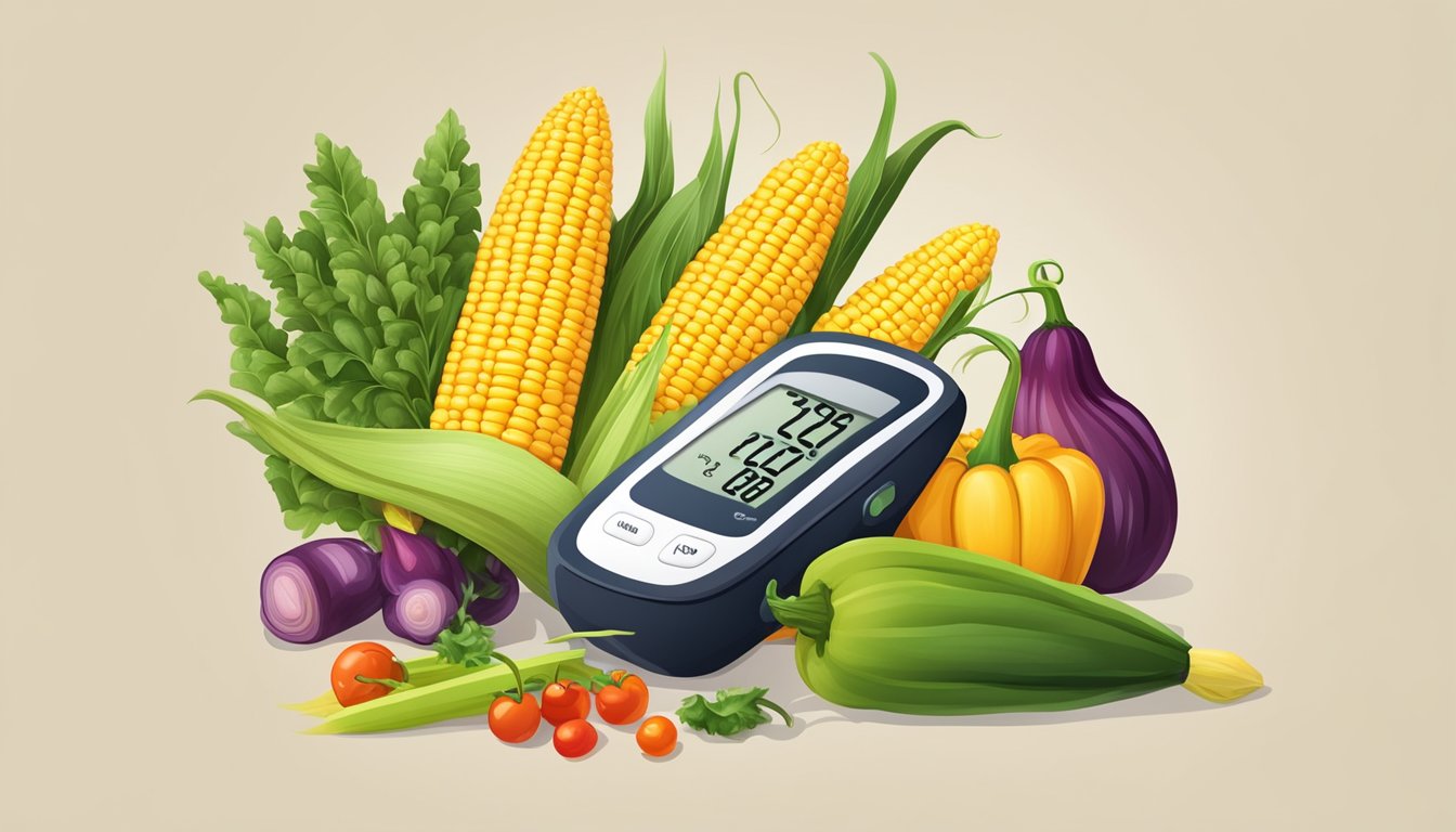 A colorful ear of corn with dark, bulbous growths, surrounded by various vegetables and a blood sugar monitor