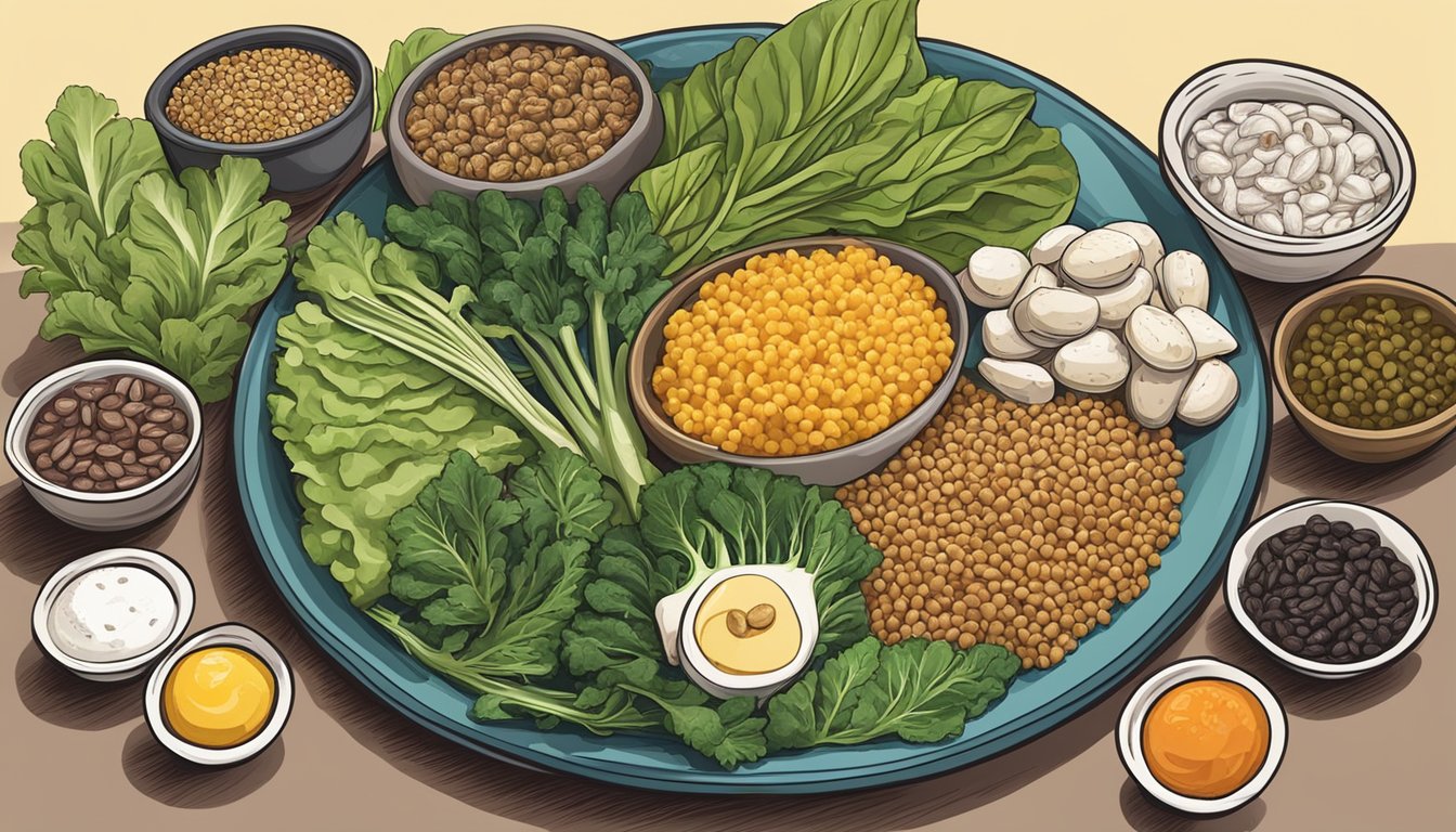 A colorful plate with a variety of diabetic-friendly foods, including lean proteins, leafy greens, whole grains, and a small portion of huitlacoche