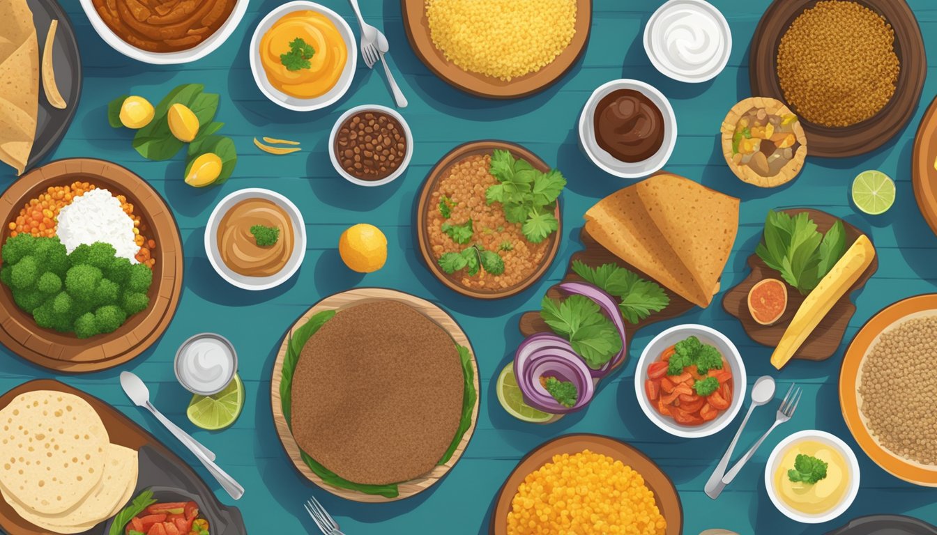 A table set with a variety of colorful, health-friendly food options, including injera, with a focus on diabetes-friendly choices