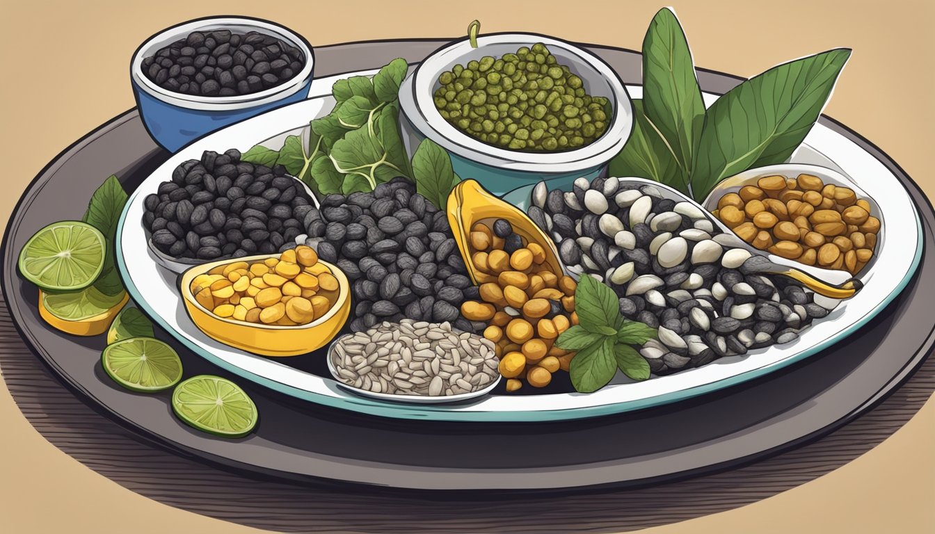 A colorful plate with a variety of diabetic-friendly foods, including huitlacoche, arranged in an appealing and appetizing manner