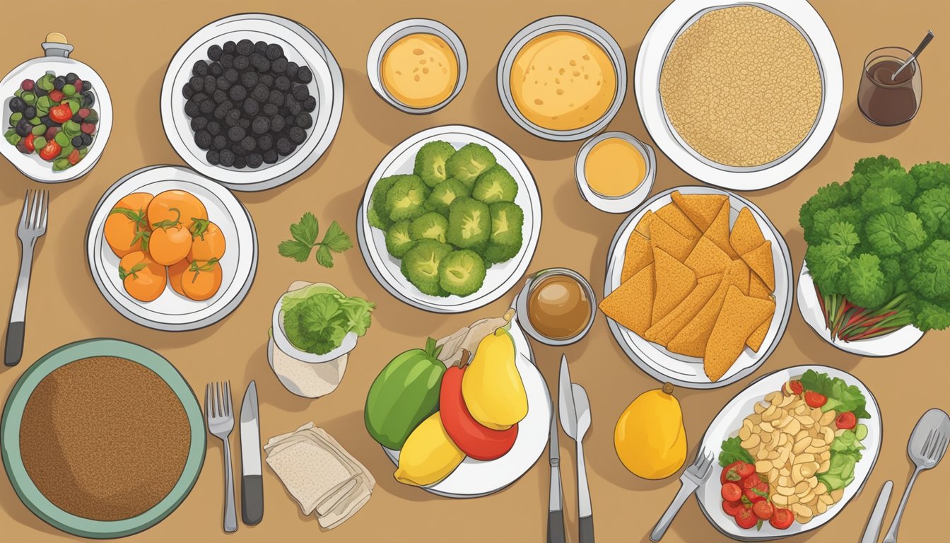 A table set with various foods, including injera, fruits, and vegetables, with a person analyzing the Glycemic Index chart