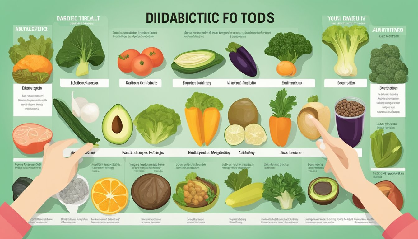 A dietician pointing to a variety of diabetic-friendly foods, including huitlacoche, on a colorful and informative nutrition chart