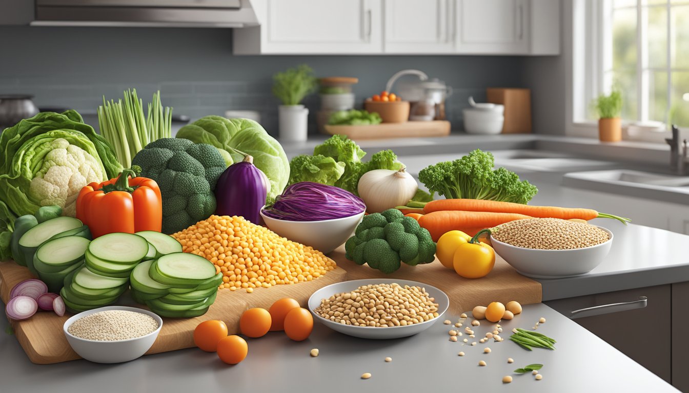 A colorful array of fresh vegetables, lean proteins, and whole grains arranged on a clean, modern kitchen countertop