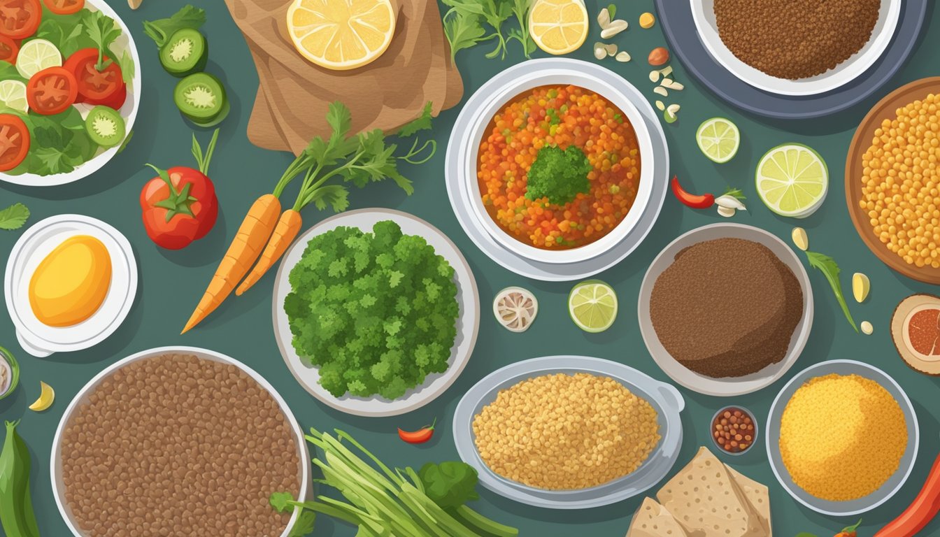 A table set with a variety of health-friendly foods, including colorful vegetables, lean proteins, and whole grains like injera