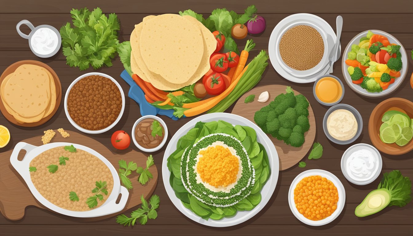 A table set with a variety of health-friendly food options, including colorful vegetables, lean proteins, and whole grain injera