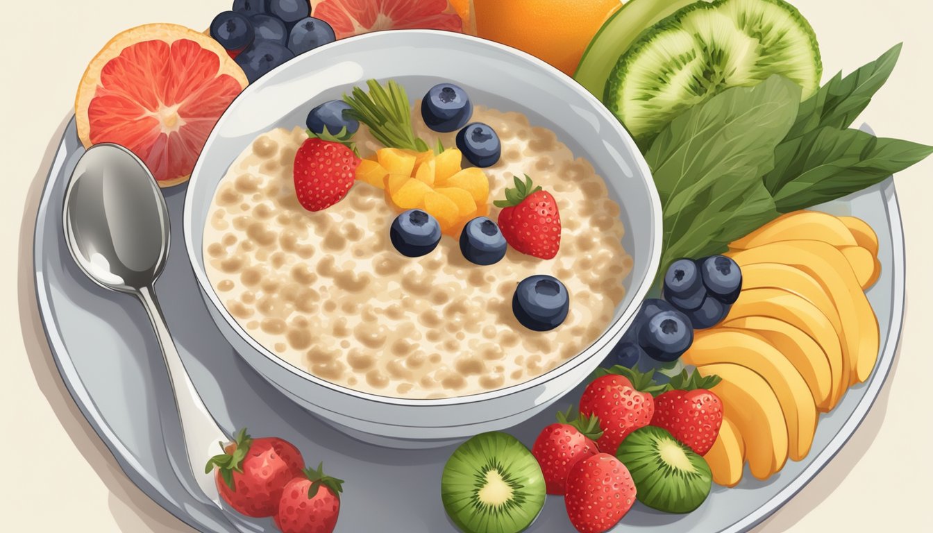 A diabetic person enjoying a bowl of oatmeal topped with inulin syrup, surrounded by fresh fruits and vegetables