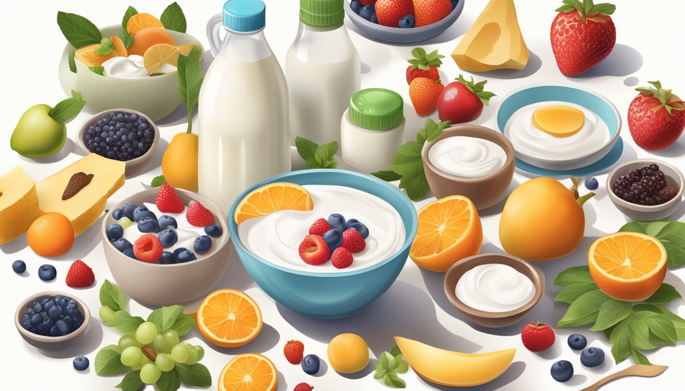 A diabetic person pours inulin syrup into a bowl of yogurt and fruit, surrounded by various healthy food items