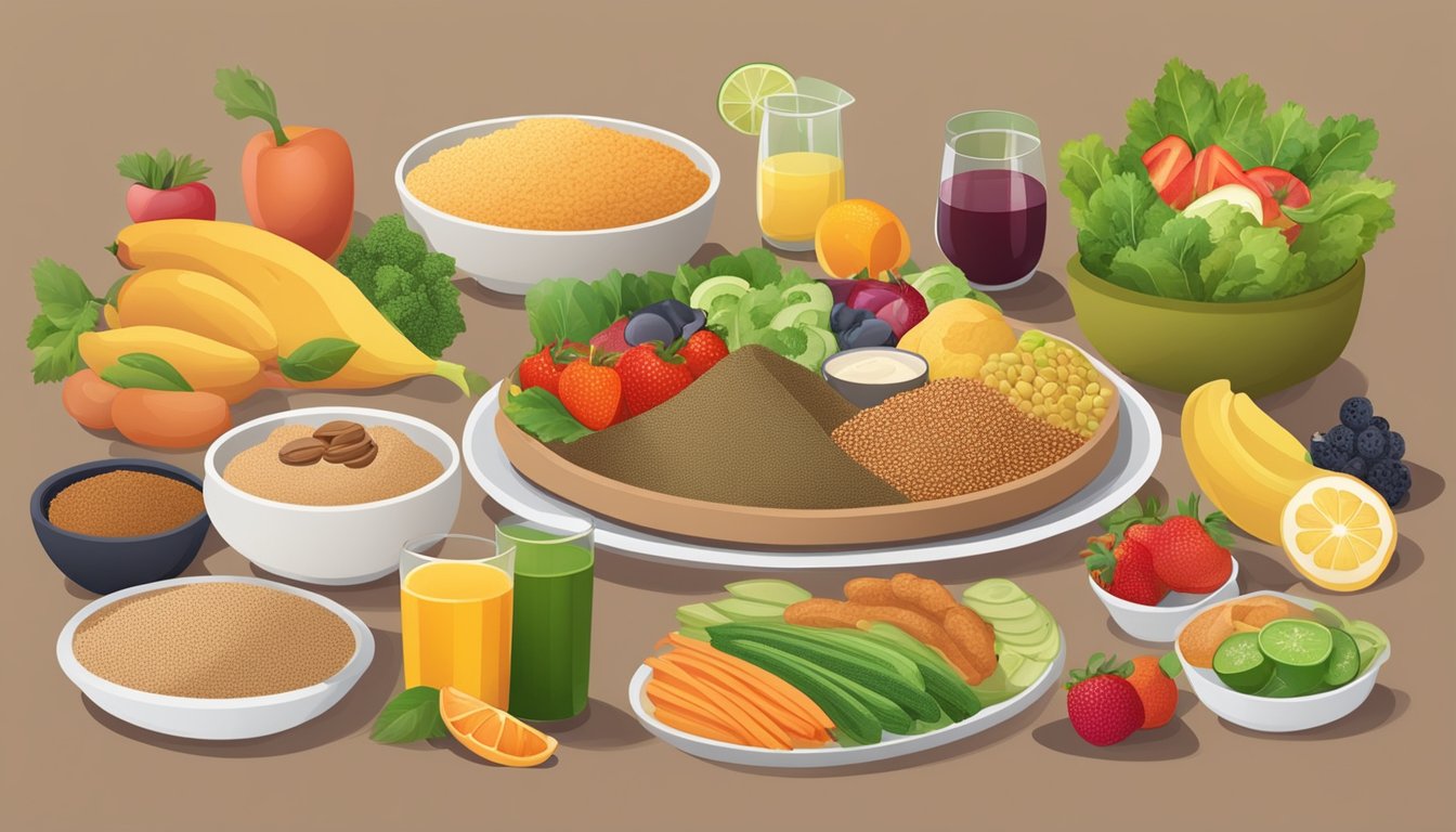 A table set with a variety of health-friendly food options, including colorful fruits, vegetables, lean proteins, and whole grains like injera