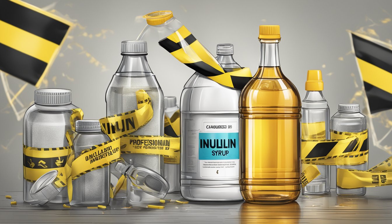 A bottle of inulin syrup surrounded by warning signs and caution tape