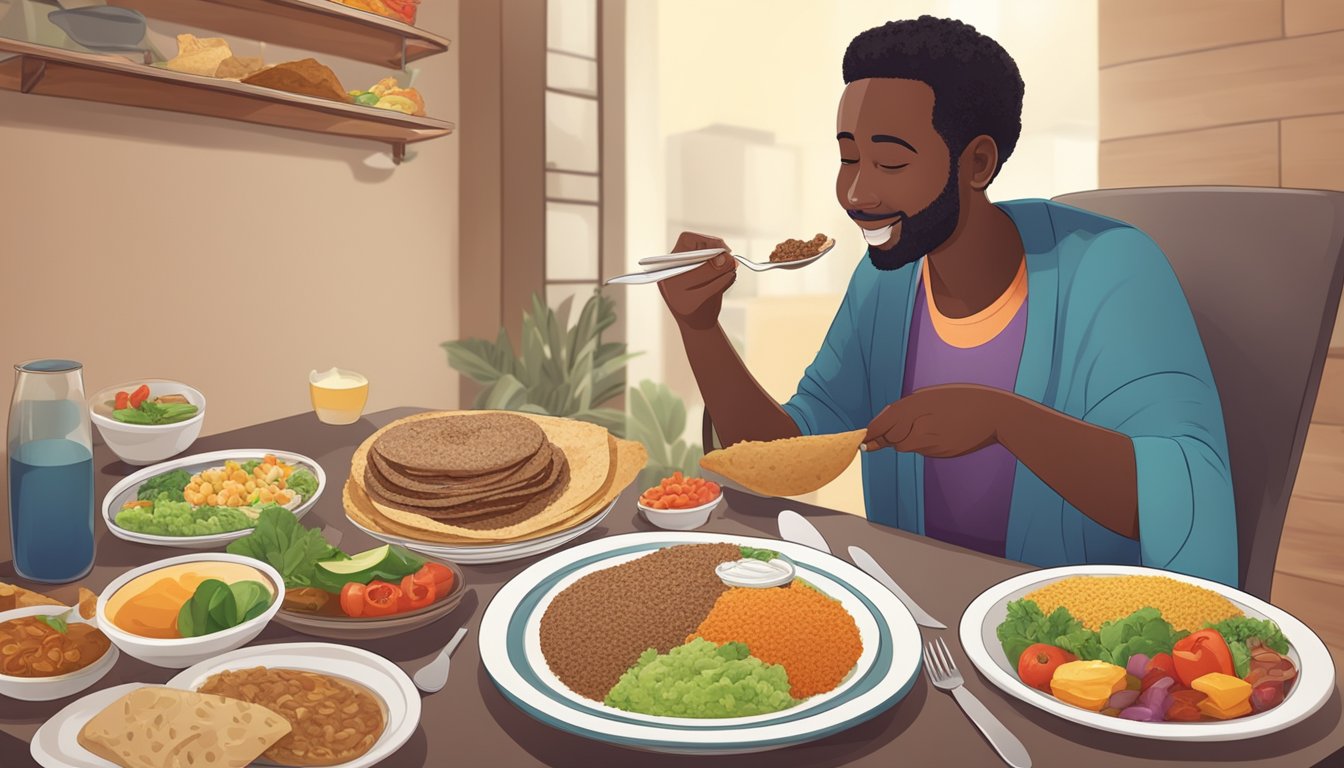 A diabetic person happily eating injera with a variety of colorful and healthy food options on their plate