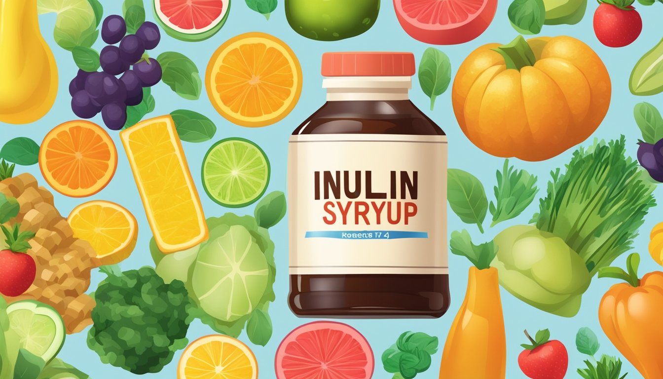 A colorful bottle of inulin syrup surrounded by various fruits and vegetables, with a background of a healthy, active lifestyle setting