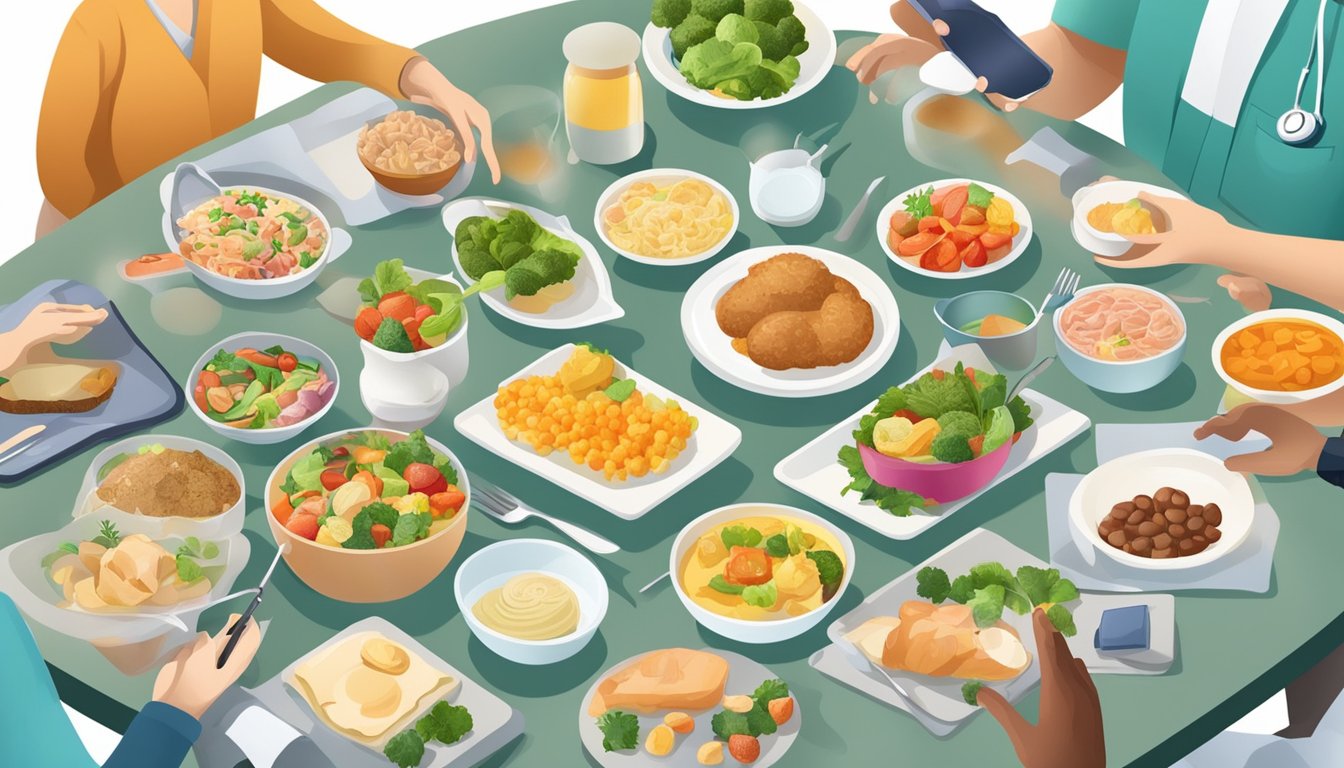 A table with isomaltulose-containing foods and a diabetes-friendly meal, surrounded by medical professionals