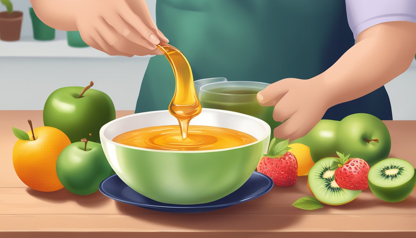 A diabetic person pouring inulin syrup onto a bowl of fruit