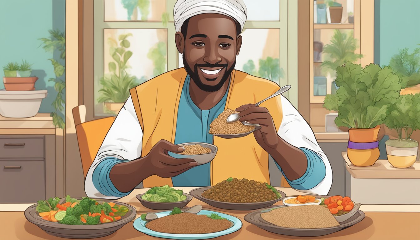 A diabetic person enjoying a colorful plate of injera with a variety of healthy, low-glycemic index foods such as lentils, vegetables, and lean protein