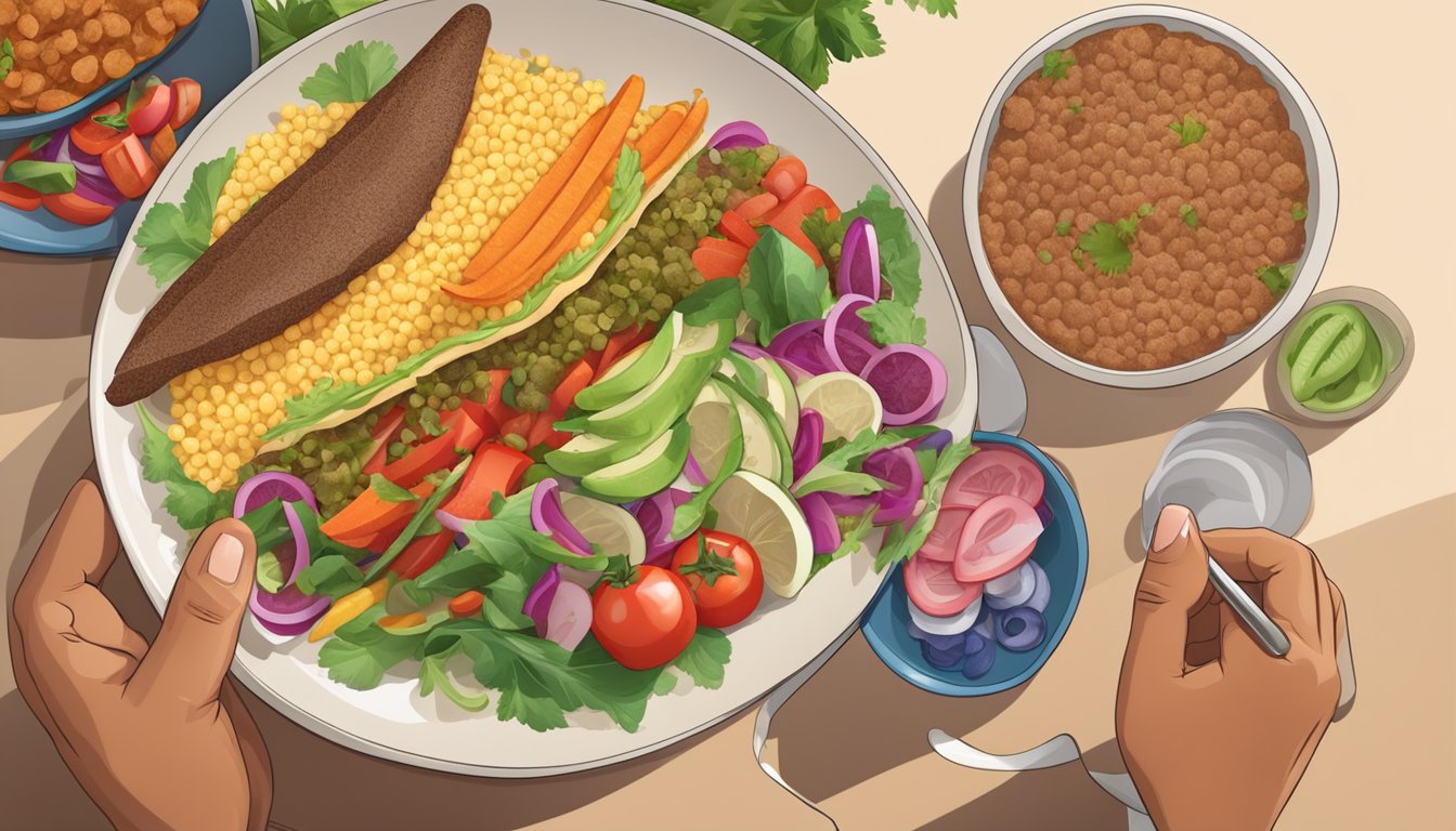 A diabetic person enjoying a plate of injera with a variety of healthy and colorful vegetables and lean protein on the side