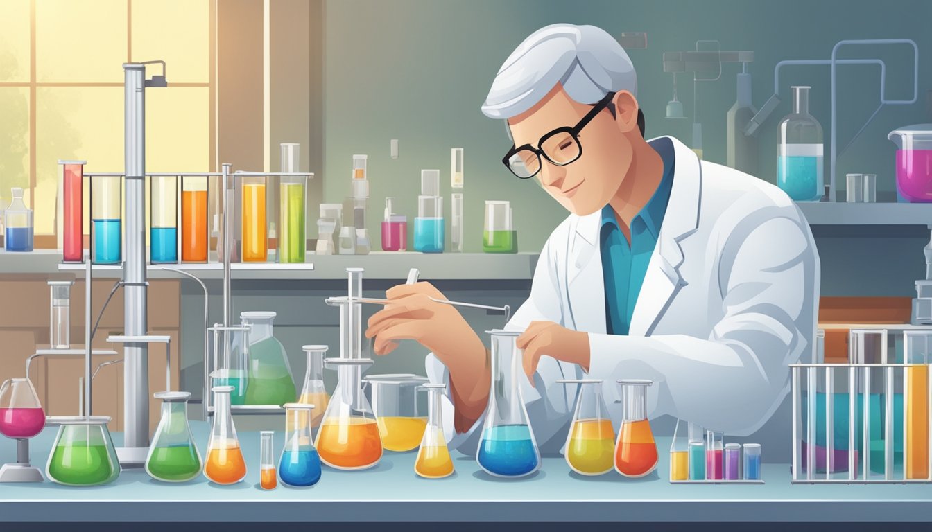 A lab setting with test tubes, beakers, and scientific equipment. A researcher examines isomaltulose and its effects on diabetes