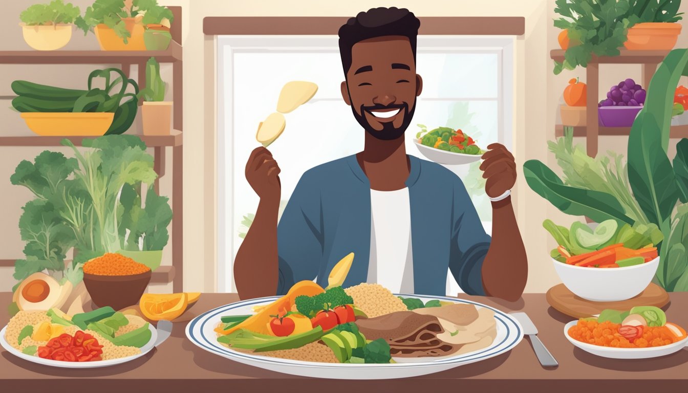 A person with diabetes happily enjoying a plate of injera with a variety of colorful and nutritious vegetables and lean protein options on the side