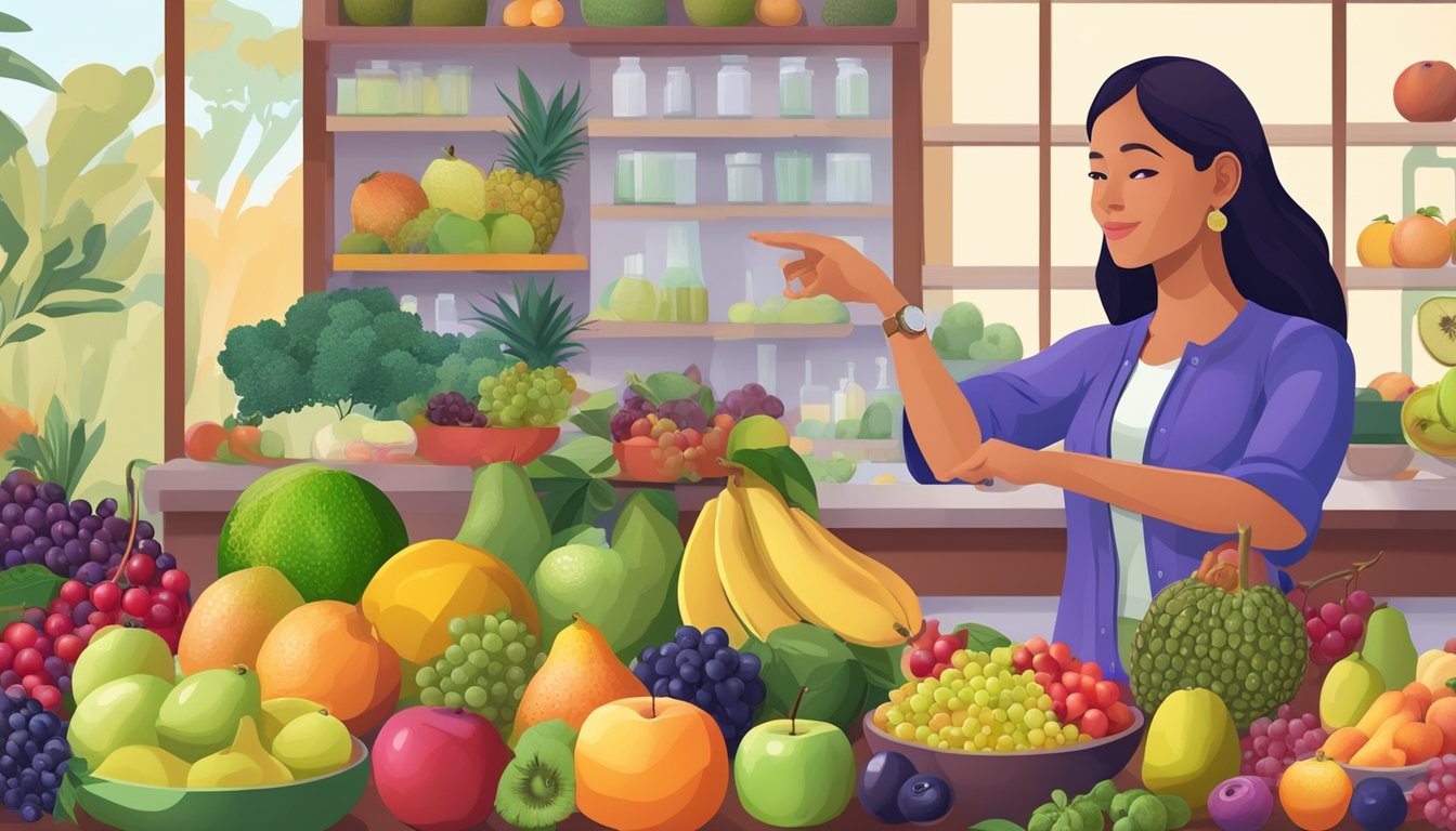 A dietician explaining diabetes and dietary needs while pointing to a variety of fruits, including jabuticaba, on a colorful and informative poster