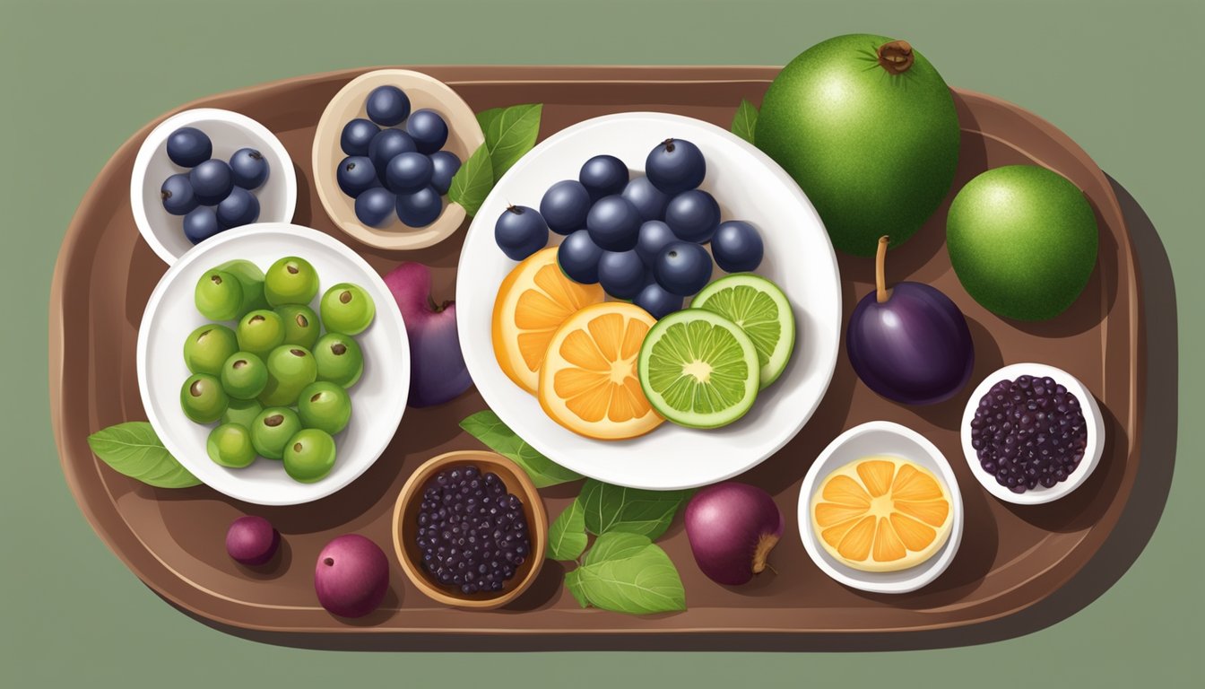 A colorful plate with a variety of diabetic-friendly foods, including jabuticaba, arranged in an appealing and balanced manner