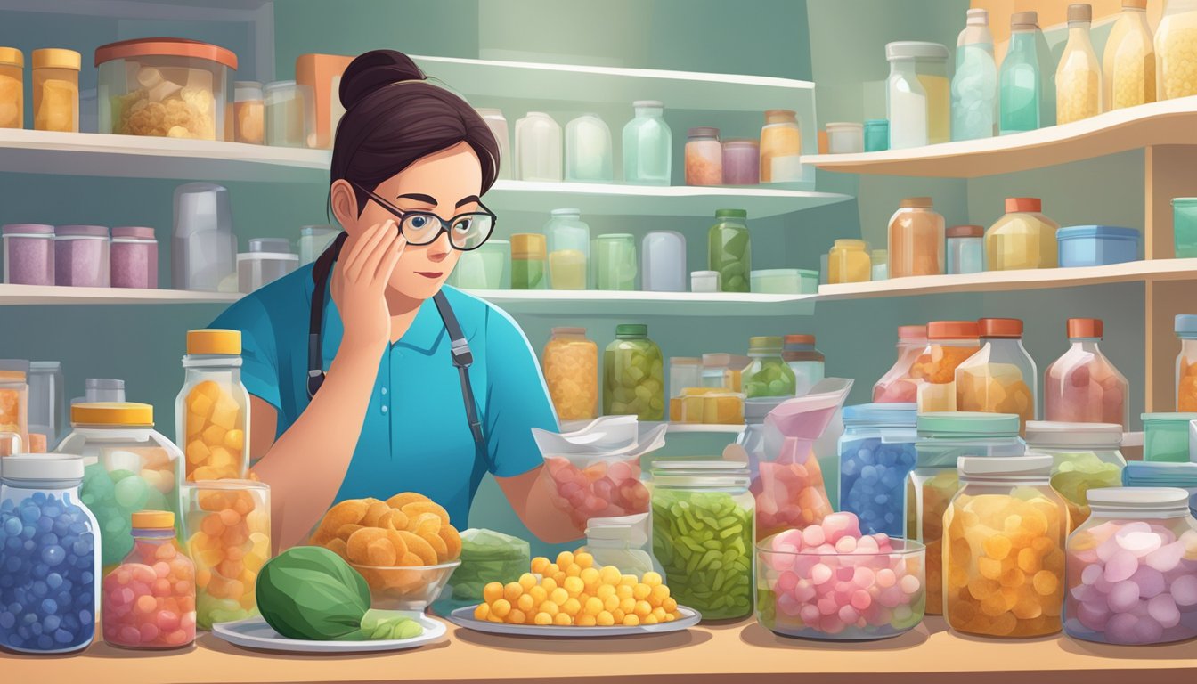 A diabetic person examining a variety of food items, including isomalt-containing products, with a puzzled expression