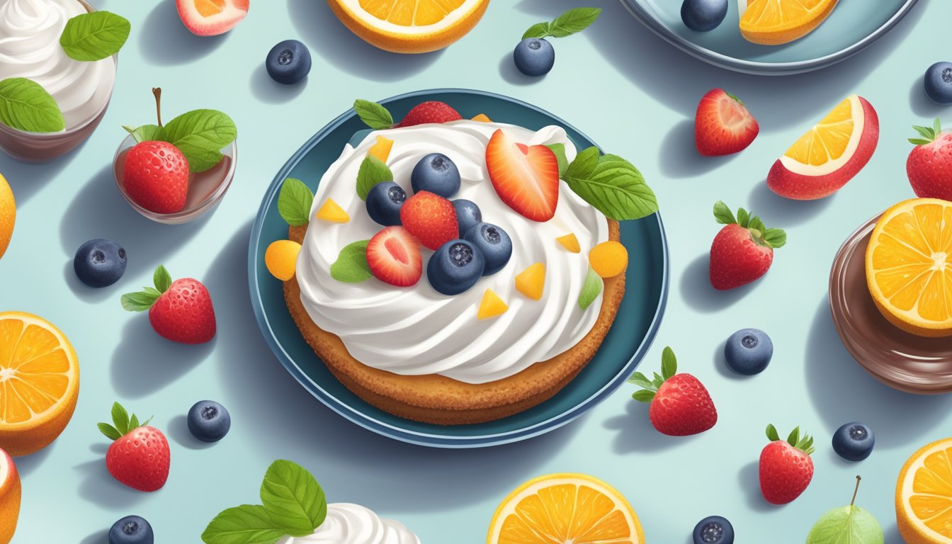 A diabetic-friendly dessert made with alternative sweeteners, surrounded by fresh fruits and sugar-free whipped cream